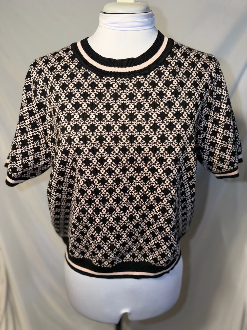 Adrianna Papell Black and Pink Geometric Short-Sleeve Top